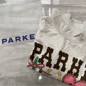 Parke Light Gray Women's Pullover Sweatshirt with Brown Logo and Pink Graphic